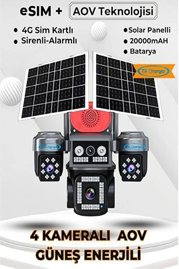 4 Kameralı E-SIM Güneş Enerjili Güvenlik Kamerası – Çift Güneş Paneli, SIM Kartlı AOV Akıllı Kamera